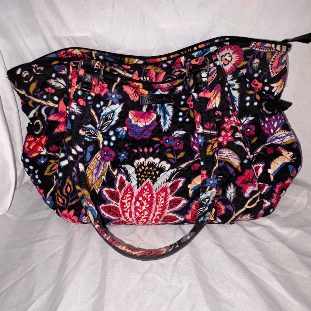 Vera Bradley Floral Tote Bag Black with Pink and Red